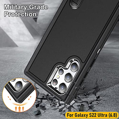 Case is Specially Designed for Galaxy S22 Ultra 6.8 Inch, Full Body Protection Heavy Duty Shock Absorbing 3 in 1 Silicone Rubber Built-in Stand with 1 Tempered Screen Protectors-Black - color: Black