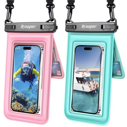 Rynapac Double Space Floating Waterproof Phone Pouch [Up to 8.5''], 2 Pack | Touchscreen, IPX8 Waterproof Phone Case, for iPhone 17 16 15 14 Pro Max, Adjustable Lanyard, Beach & Cruise Essentials 2026 - color: Pink & Green