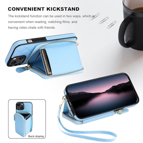 Bocasal Crossbody Wallet Case Card Holder for iPhone 13, Light Blue | RFID Blocking PU Leather Zipper Handbag Purse, Kickstand Flip Folio Case with Card Slots Holder Wrist Strap Lanyard 6.1 Inch - color: Blue