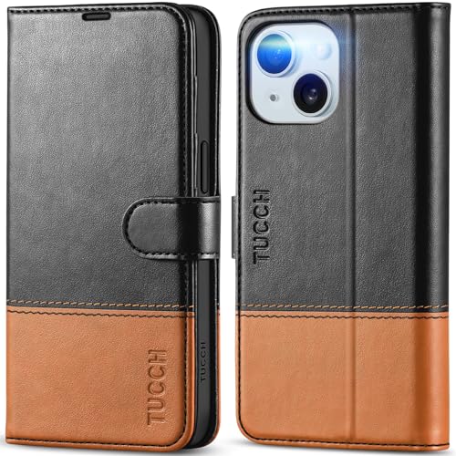 TUCCH Wallet Case for iPhone 15 (6.1") 2023, 4 Card Slots, Black & Brown | RFID Blocking, Viewing Stand, Shockproof TPU Shell, PU Leather, Magnetic Closure, Protective Folio Flip Cover - color: Black & Brown