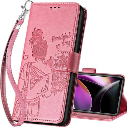 for Motorola Moto G 5G 2022 Wallet case, Pink-Girl | 3 Card Holders, Kickstand, Shockproof TPU Shell, PU Leather, Magnetic Closure, Protective Flip Folio Cover, Women - color: 1