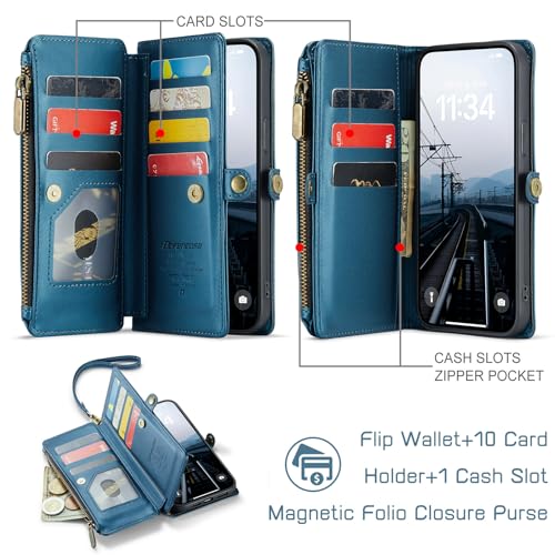 Defencase for iPhone 14 Plus Wallet Case with RFID Card Holder, Dark Blue | Durable Soft PU Leather, with Zipper Pocket, Wrist Strap, Fashion Snap Flip Phone Cases Cover with Stand for Women and Men - color: Dark Blue
