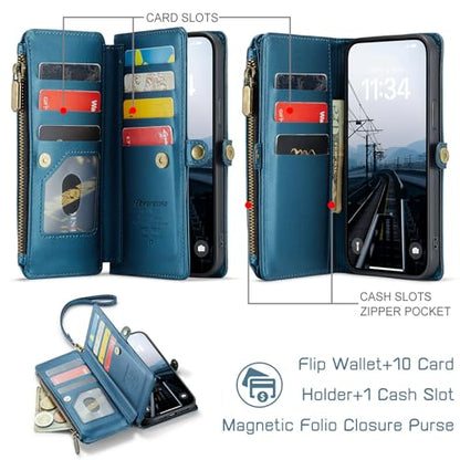 Defencase for iPhone 14 Plus Wallet Case with RFID Card Holder, Dark Blue | Durable Soft PU Leather, with Zipper Pocket, Wrist Strap, Fashion Snap Flip Phone Cases Cover with Stand for Women and Men - color: Dark Blue