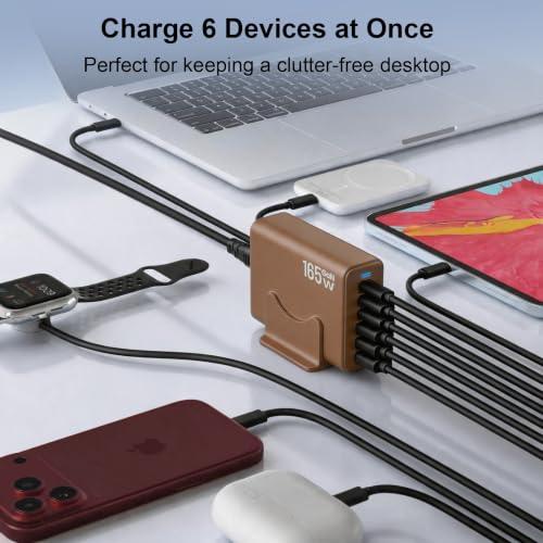 165W Charging Station, 6 Port Desktop Charger, 3 Ports 40W Brown - color: Brown