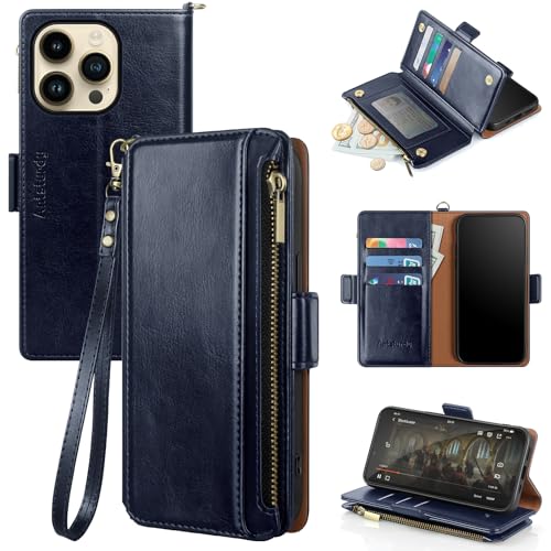 Antsturdy for iPhone 14 Pro Phone Wallet Case Women,Dark Blue | RFID Blocking,with Credit Card Holder Slots,PU Leather Purse,Zipper Pocket,Wrist Strap Kickstand,Flip Folio Cover for Men - color: A-Dark Blue