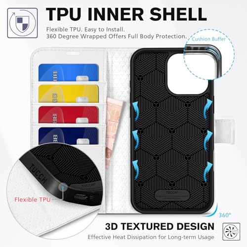 TUCCH Wallet Case for iPhone 16 Pro Max (6.9") 2024, 4 Card Slots, White | RFID Blocking, Viewing Stand, Shockproof TPU Shell, PU Leather, Magnetic Closure, Protective Folio Flip Cover - color: White