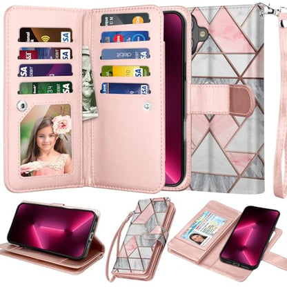 NJJEX Compatible with iPhone 16 Plus Wallet Case, 9 Card Slots, Marble Pink | PU leather folio flip, detachable magnetic phone cover, integrated kickstand, included lanyard - color: Marble Pink, size: iPhone 16 Plus