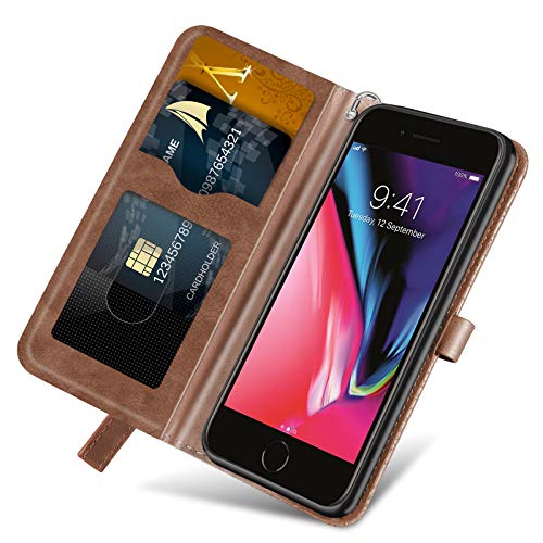 Wallet Case for iPhone 7 Plus/iPhone 8 Plus with Card Holder/Slot,PU Leather Flip Folio Shell [Magnetic Closure][Wrist Strap][Kickstand] Shockproof Cover Fit iPhone 7 Plus / 8 Plus Brown - color: Brown, size: iPhone 7 Plus / iPhone 8 Plus (5.5 inch)