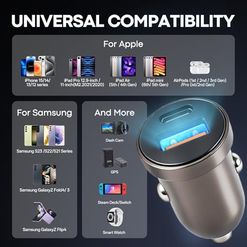 63W USB C Car Charger, Dual Port, 45W PD Fast Charging + 18W USB A, Zinc Alloy, with USB-C to C Cable, Compatible with iPhone 17/16/15/14, Galaxy S26/S25