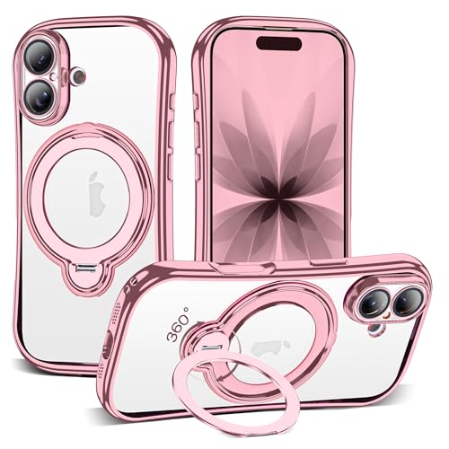 Clear Phone Case for iPhone 17 6.3", Pink | Compatible with iPhone 17 Case with 360° Rotatable Magnetic Ring Stand Full Camera Lens Protector Plating Mag-safe Case - color: Pink, size: Iphone 17