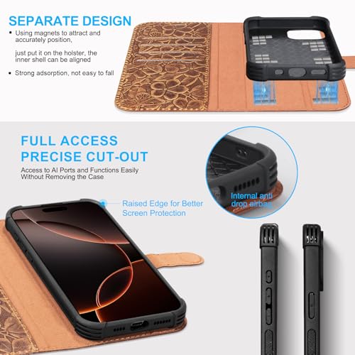 Genuine Leather Wallet Case for iPhone 13 Pro Max, Brown | 2-in-1 Magnetic Detachable, Flip Folio with Card Slots, RFID Blocking, Shockproof Protection, Wireless Charging - color: Brown, size: 13 Pro Max 6.7‘’