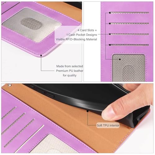 Wallet Case for Galaxy S22, RFID Blocking, 4 Card Slots, Purple | For Samsung Galaxy S22 6.1 inch, PU Leather Flip Cover, Protective TPU Shell, Magnetic Closure, Stand, Wrist Strap - color: Purple
