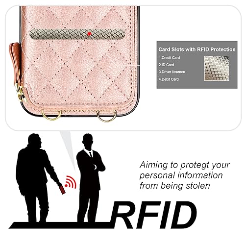 Bocasal Crossbody Wallet Case Card Holder for iPhone 15 Pro, Rose Gold | RFID Blocking PU Leather Zipper Handbag Purse, Kickstand Flip Folio Case with Card Slots Holder Wrist Strap Lanyard 6.1 Inch - color: Rose Gold