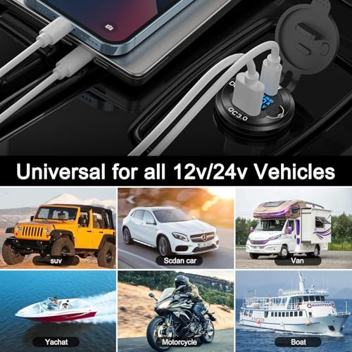 12V USB C Outlet 65W PD+QC 3.0 Waterproof Voltmeter Switch Aluminum Marine - color: pack of one