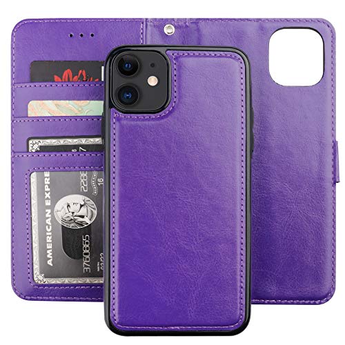 Bocasal Detachable Wallet Case Card Holder for iPhone 11, Purple | Kickstand Card Slots Holder PU Leather Magnetic Shockproof Wrist Strap Removable Flip Protective Cover 6.1 inch - color: Purple