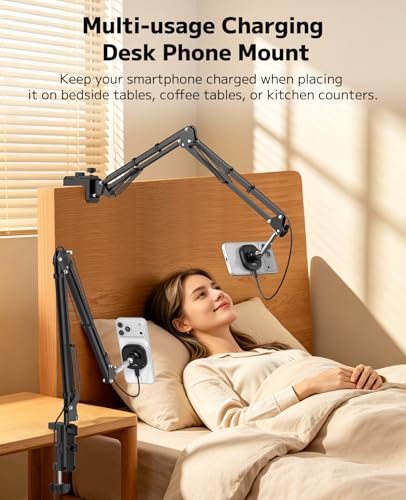 VRIG Magnetic Wireless Charger Phone Holder for Bed Desk, Flexible Articulating Table Mount, Overhead Stand Compatible with iPhone 17/16/15/14, Great for Video Recording, Zoom Meeting, Live Streaming - size: Rechargeable Model