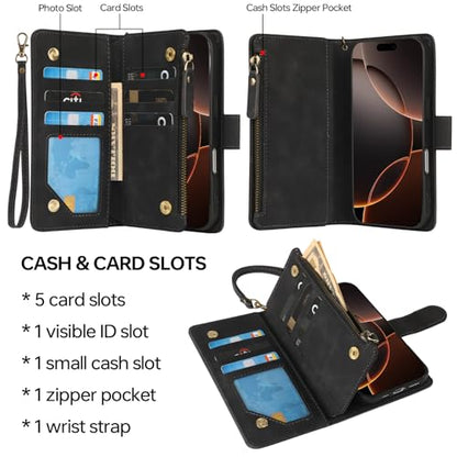 RANYOK Compatible with iPhone 16 Pro Max Wallet Case - PU Leather Wallet Case for iPhone 16 Pro Max with Credit Card Holder RFID Blocking Zipper Pocket [Wrist Strap] Protective Case (Black) - color: Black, size: iPhone 16 Pro Max, 6.9"