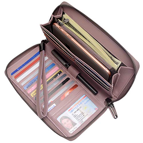 Bveyzi Women RFID Blocking Wallet Leather Zip Around Phone Clutch Large Capacity Ladies Travel Purse Wristlet - color: Dark Pink