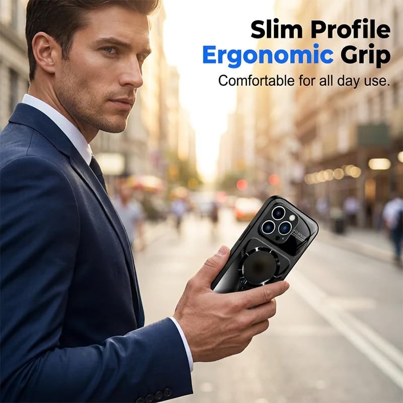 Stylish Magnetic Shockproof Phone Case, Tempered Glass, Slim Protective Cover Raised Camera Lens Non-Slip Alloy Frame Magnetic Wireless Charging Case for iPhone 12 13 14 15 16 17 (Blue, 16 Pro Max) - color: Blue