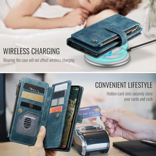 Samsung Galaxy S24 FE 5G Wallet Case with Card Holder Kickstand Magnetic Zipper Pocket Lanyard Strap Wristlet,Leather Flip Case Wallet for Galaxy S24 FE 6.7 Inch(Blue) - color: Blue, size: S24 FE 5G 6.7 Inch