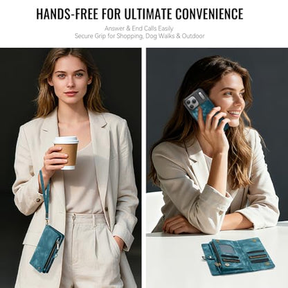 Compatible with iPhone 17 Pro Wallet Case with Magsafe,Blue | Magnetic Detachable Case,Card Holder,Zipper Pocket,Strap Wristlet, Soft Leather Drop-Proof Phone Case for iPhone 17 Pro 6.3" - color: (Detachable and Magsafe)-Blue, size: iPhone 17 Pro 6.3 Inch