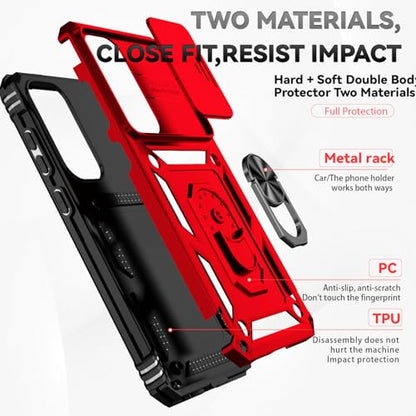 for Samsung Galaxy S24 FE Case with Camera Lens Cover HD Screen Protector, Dual Layer Military-Grade Drop Tested Magnetic Ring Holder Kickstand Protective Phone Case for Galaxy S24 FE (Red) - color: Red with camera cover Military-Grade 2nd gen