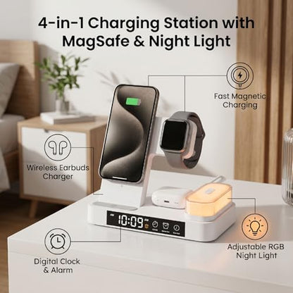 ASHATA 4 in 1 Wireless Charging Station 3 in 1 Stand with Digital Alarm Clock 7 Color Night Light for Phone Watch Earbuds (White) - color: White