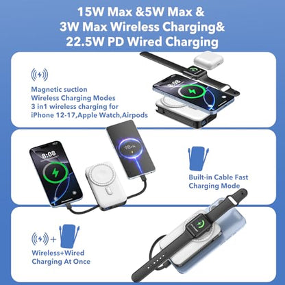 Magnetic Portable Charger 10000mAh for iPhone with Built-in Cables and Wall Plug,Wireless Power Bank with iWatch Charger,LCD Display 22.5W Fast Charging Battery Pack for iPhone 16/15/14/13/12 (White) - color: White