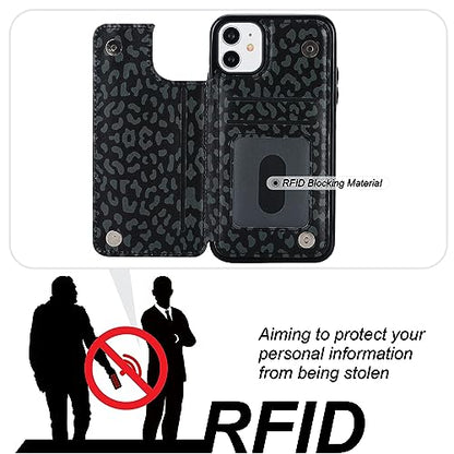 HAOPINSH for 11 Wallet Case with Card Holder, Black Leopard Cheetah Pattern Back Flip Folio PU Leather Kickstand Card Slots Case for Women Girls, Double Magnetic Clasp Shockproof Cover 6.1" - color: Black Leopard