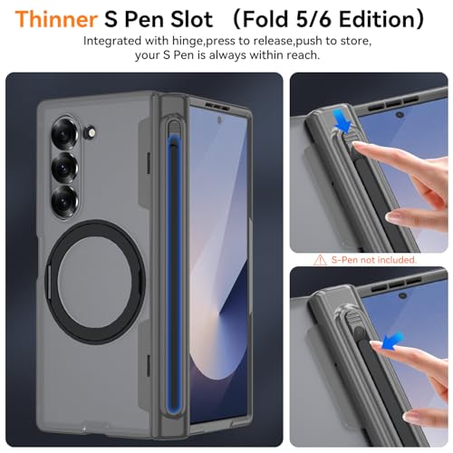 Upgraded 360° Spin Magnetic Invisible Ring Stand for Samsung Galaxy Z Fold 6 Case,[Compatible with MagSafe][S Pen Holder][Hinge Protection][Screen Protector],Shockproof Full Body Phone Cover (Grey) - color: Grey