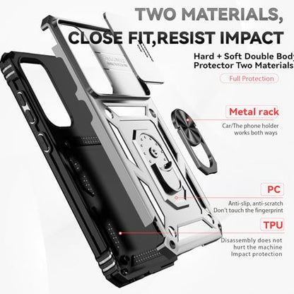 for Samsung Galaxy S24 FE Case with Camera Lens Cover HD Screen Protector, Dual Layer Military-Grade Drop Tested Magnetic Ring Holder Kickstand Protective Phone Case for Galaxy S24 FE (Silver) - color: Silver with camera cover Military-Grade 2nd gen