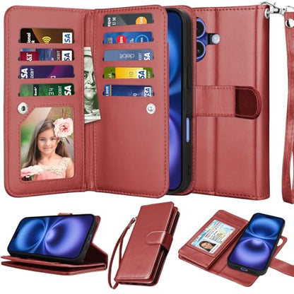 NJJEX Wallet Case Compatible with iPhone 17 6.3" 2025, [9 Card Slots] PU Leather Card Holder Folio Flip [Detachable] Kickstand Magnetic Phone Cover & Lanyard Compatible for iPhone 17 [Wine Red] | PU leather folio flip, detachable magnetic phone cover, int