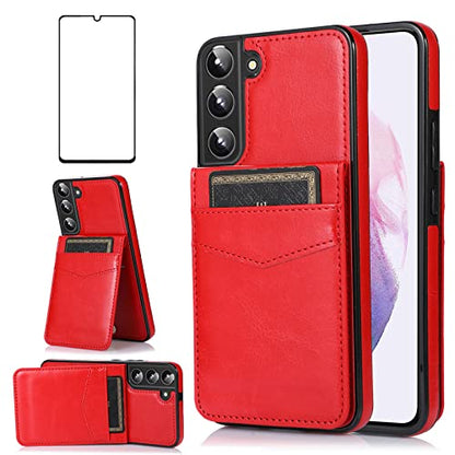Asuwish Phone Case for Samsung Galaxy S22 5G with Tempered Glass Screen Protector and Credit Card Holder Wallet Cover Stand Leather Cell Accessories Glaxay S 22 G5 Cases Women Men Red - color: Red