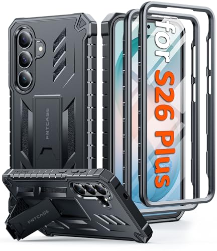 FNTCASE for Samsung Galaxy S26+ Plus Case, Rugged Kickstand, 2 Front Frames | Built-in Screen Protector, 20FT Military-Grade Drop Protection, Rugged Heavy Duty Shockproof Full Body Protective Cover - color: Black, size: For Galaxy S26 Plus 6.7 Inch