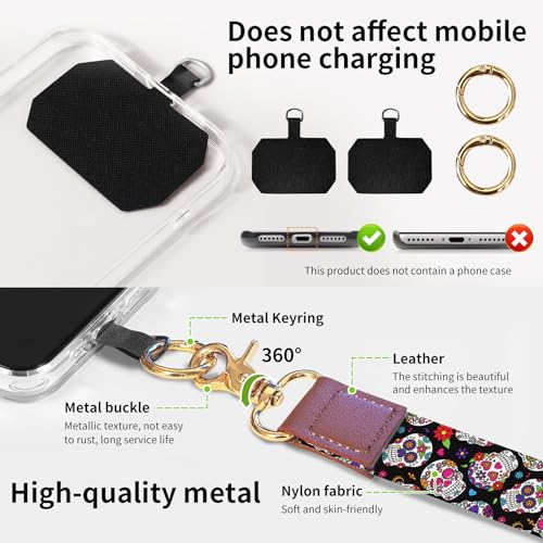 Phone Lanyard Crossbody Wrist Strap, Universal Adjustable Neck Strap for Phone Case Keys ID Badges - color: Cute Flower Skulls