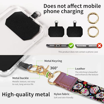 Phone Lanyard Crossbody Wrist Strap, Universal Adjustable Neck Strap for Phone Case Keys ID Badges - color: Cute Flower Skulls