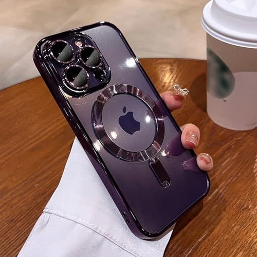 MIFEDUCT Magnetic for iPhone 14 Pro Case Clear [Compatible with MagSafe] Anti Yellow 14 Pro Case with Camera Len Protector Luxury Plating Soft TPU Shockproof Protective Phone Cover 6.1", Purple - color: Purple, size: For iPhone 14 Pro 6.1"