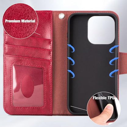 Arae Compatible with iPhone 15 Pro Case with Card Holder and Wrist Strap Wallet Flip Cover for iPhone 15 Pro 6.1 inch,Wine Red - color: Wine Red, size: iPhone 15 Pro 6.1 inch