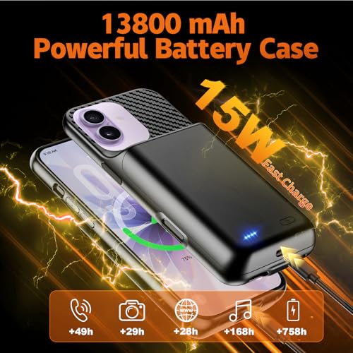13800mAh High Capacity Battery Case for iPhone 16 Pro,17 (6.3 inch) | 2026 Upgraded Battery Pack Rechargeable Charger External Charging Case with Tempered Glass Screen Protector Black - size: iPhone 16 Pro,17 (6.3 inch)