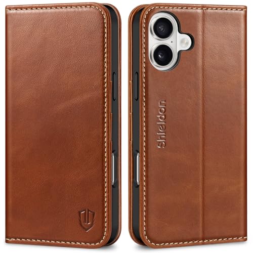 SHIELDON Genuine Leather Case Wallet for iPhone 16 Plus 6.7", Retro Brown | Genuine Leather, Folio Magnetic Closure, RFID Blocking, Credit Card Holder, Kickstand, Soft Shock Absorbing Protective Cover - color: Retro Brown