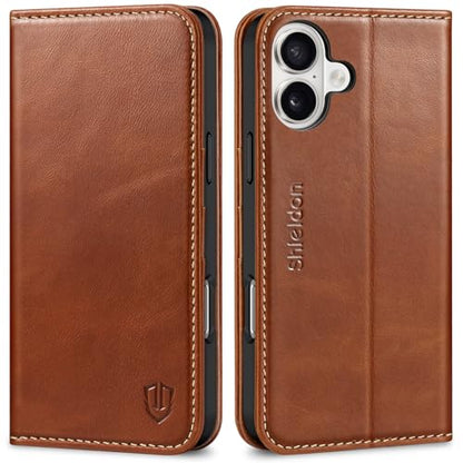 SHIELDON Genuine Leather Case Wallet for iPhone 16 Plus 6.7", Retro Brown | Genuine Leather, Folio Magnetic Closure, RFID Blocking, Credit Card Holder, Kickstand, Soft Shock Absorbing Protective Cover - color: Retro Brown
