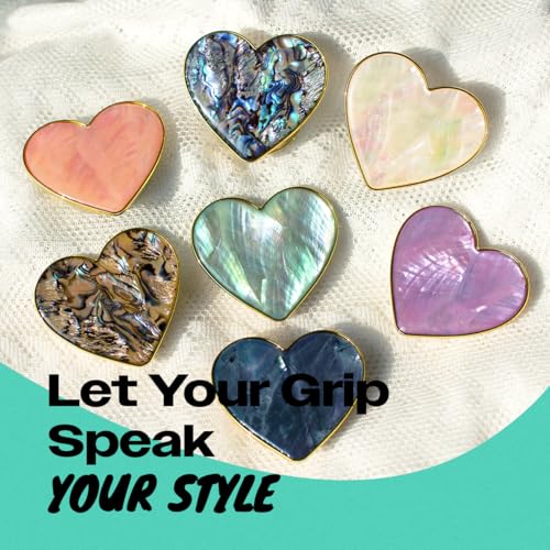 OnTheGrip Cute Natural Seashell Design Heart Shape Collapsible Mobile Phone Grip Stand Holder for Smartphone Tablet Cell Phone Accessory (Black Fresh Water)