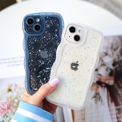 Glitter case for iPhone 13/14 Wavy Edge Blue | Bling Sparkle Glitter，Wavy Edge，Full Protection Soft TPU，Kawaii Cute Phone Case for Women Girls - color: Blue