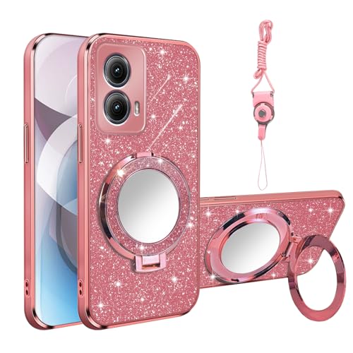 Phone Case for Moto Edge 5G 2024 with Ring Holder Kickstand [Mirror & Lanyard], Women Girls Plating Bling Clear Soft Shockproof Cover Magnetic Case for Moto Edge 5G 2024, Rose Gold - color: Rose Gold, size: Motorola Moto Edge 5G 2024