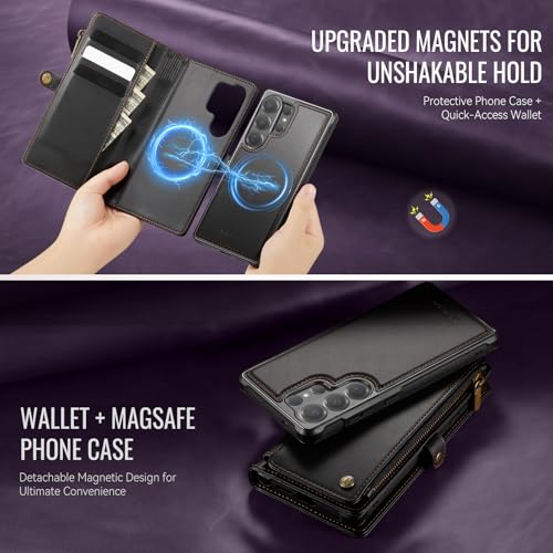 Defencase for Galaxy S26 Ultra Case Wallet Compatible with Magsafe, Black | Magnetic Detachable, RFID Bolcking Card Holder, Zipper Strap, PU Leather Drop-Proof Phone Cover for Samsung Galaxy S26 Ultra - color: (Detachable with Magsafe)-Black