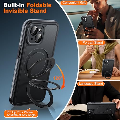 Oterkin Magnetic Stand for iPhone 15 Case Waterproof IP68, Black - color: Black, size: iPhone 15 6.1''