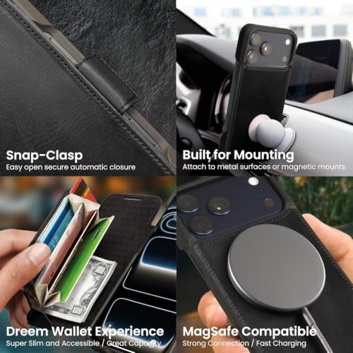 Dreem Real Leather Magnetic Detachable Wallet Case for iPhone 17 Pro | Revolutionary Vert/Hor Phone Stand, RFID Blocking Card Holder Flip Cover, MagSafe-Fit, Gift Box [Fibonacci: Black]