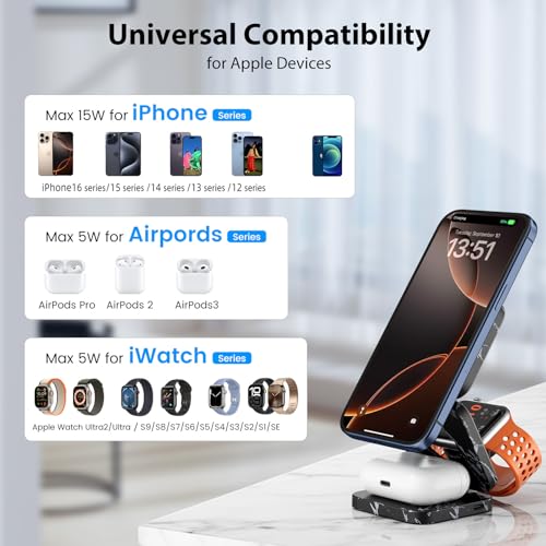 KU XIU X55 Nature Series Fast Magnetic Wireless Charger, Foldable 3 in 1 Charging Station for Apple, Mag-Safe Travel Charger Stand for iPhone 17 16 15 14 13 Series, Apple Watch & AirPods-Marble Black - color: Marble-Black