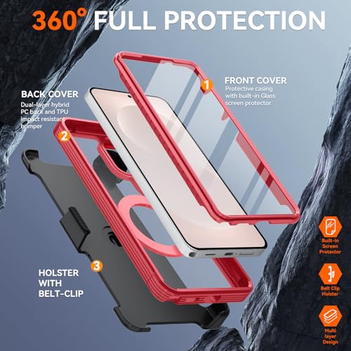 Magnetic for Samsung Galaxy S26 Ultra Case, Compatible with MagSafe, Full Body Rugged Case with Built-in Screen Protector & Kickstand & Belt-Clip (Red) - color: Red