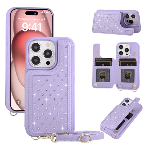 Crossbody Wallet Case for iPhone 12 Pro Max(6.7") with Detachable Strap - PU Leather Flip Folio with Card Slots & RFID Blocking, Sparkling Diamond Accents-Purple - color: Purple, size: iPhone 12 Pro Max(6.7")